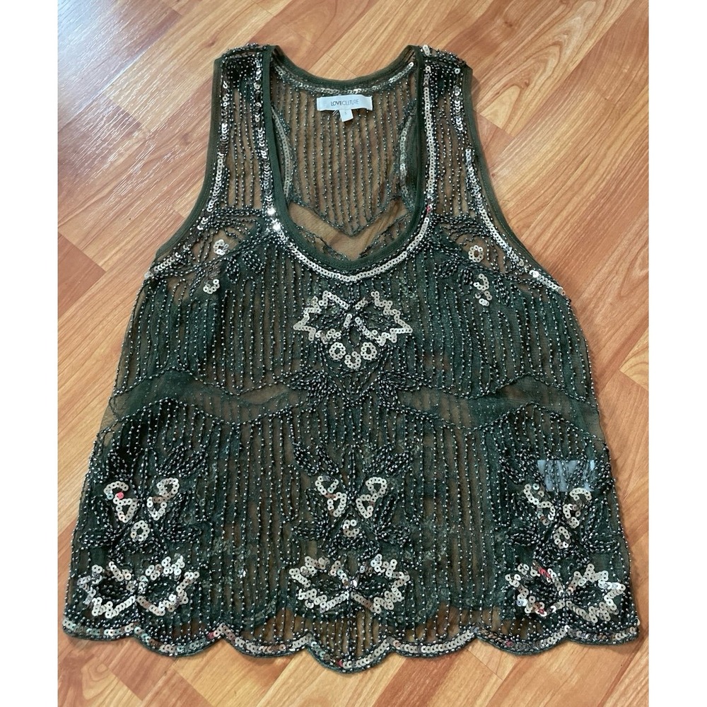 Love Culture Sheer Green and Gold Sequin Tank